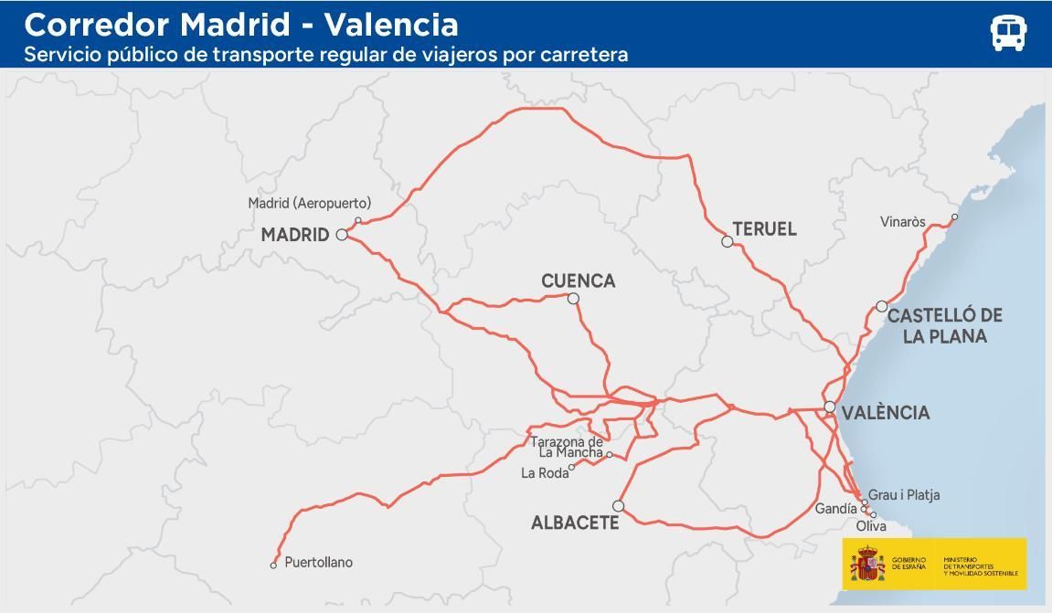 Imagen de las rutas de autobuses estatales en el nuevo corredor Madrid-Valencia