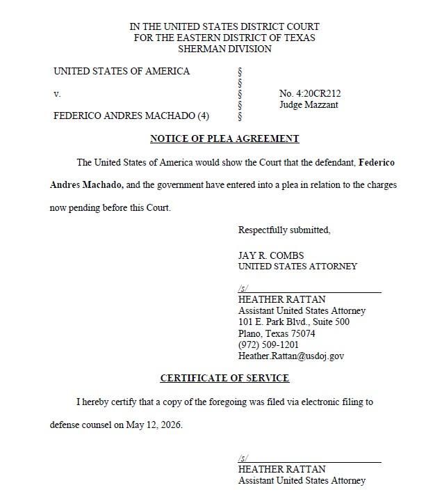 Notificación del acuerdo entre la fiscalía del distrito Este de Texas y Federico Machado, presentado ante el juzgado federal de Sherman.