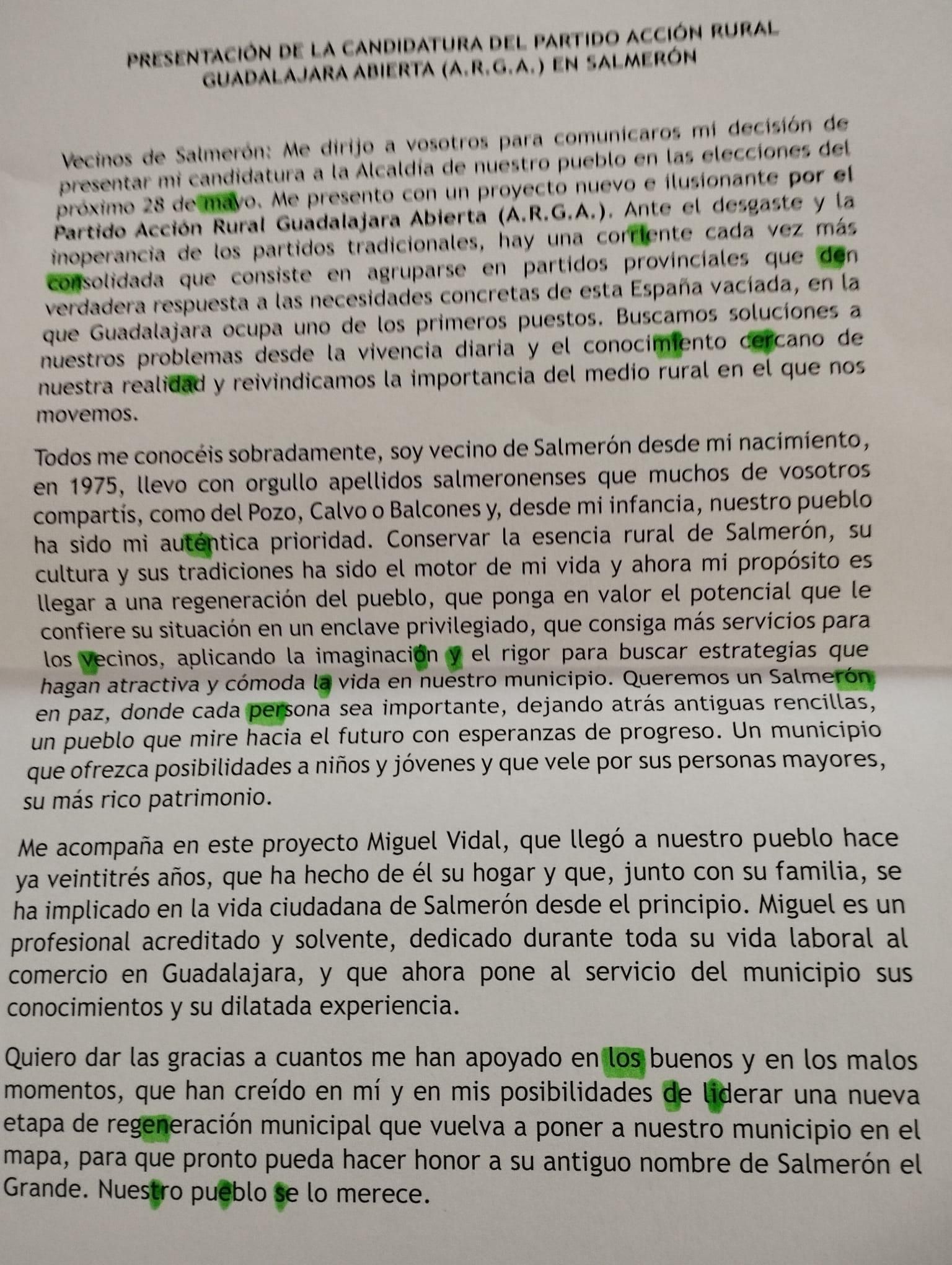 Folleto de la candidatura con rotulaciones en las que se puede leer la amenaza