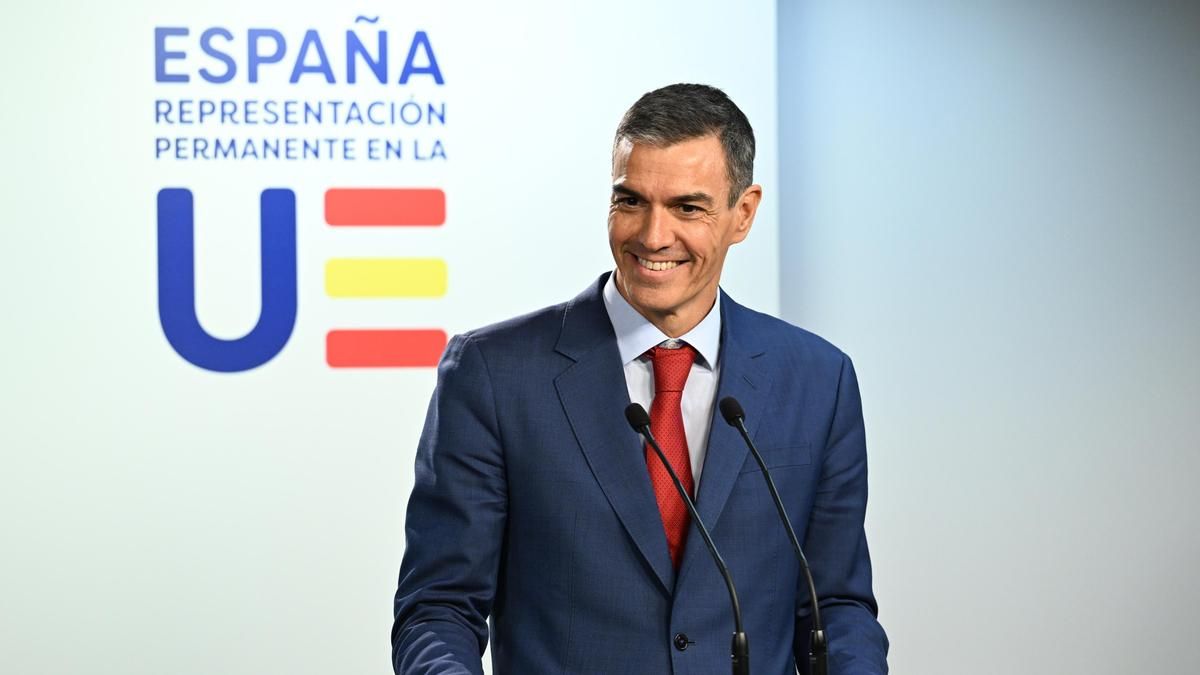 El presidente del Gobierno, Pedro Sánchez, en rueda de prensa en Bruselas.