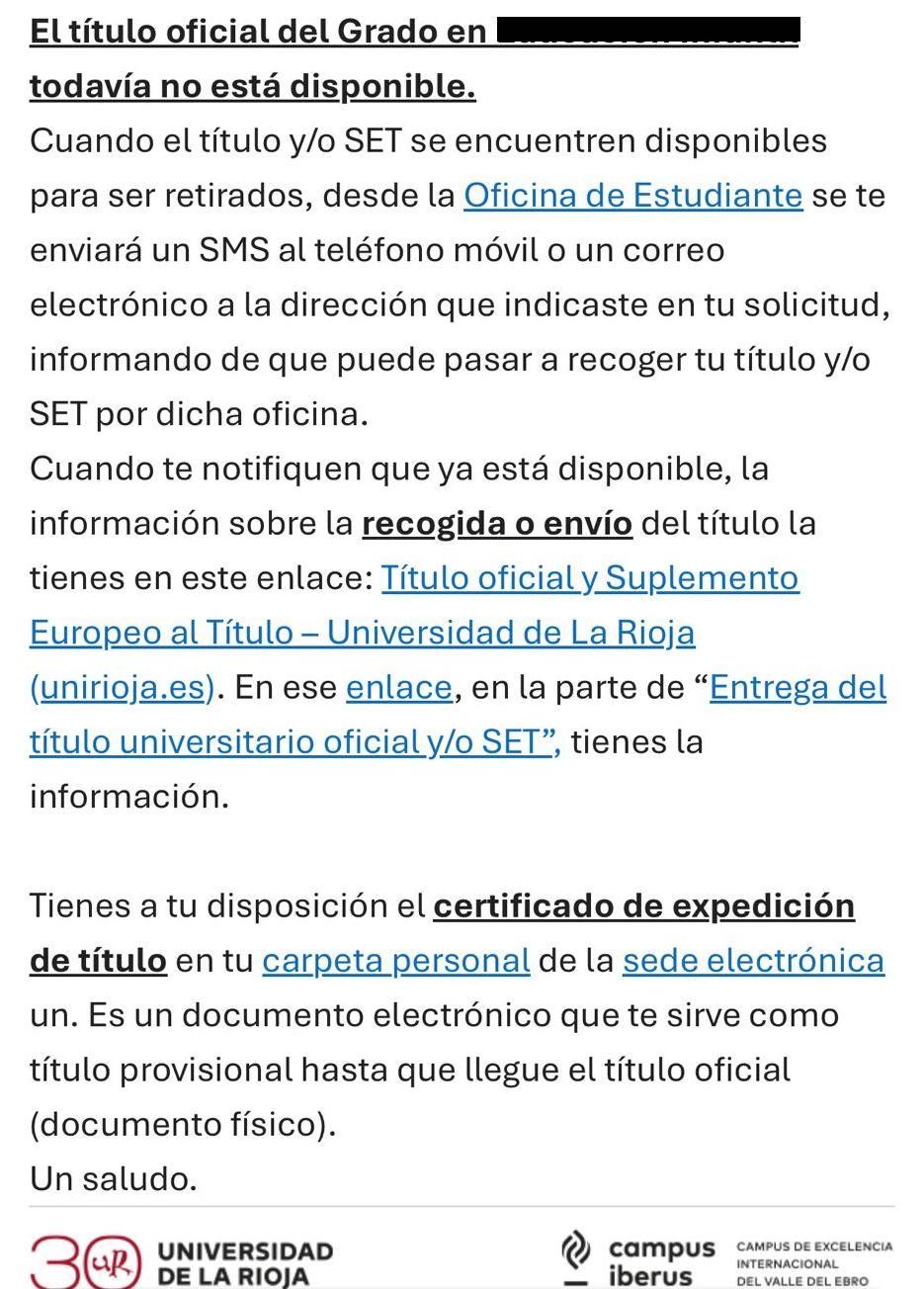 Correo electrónico enviado por la UR a los estudiantes que solicitan su título universitario