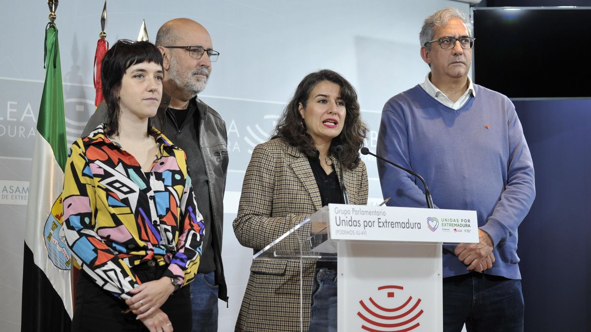 La portavoz de Unidas por Extremadura, Irene de Miguel, junto al resto de diputados de la formación, en la rueda de prensa.