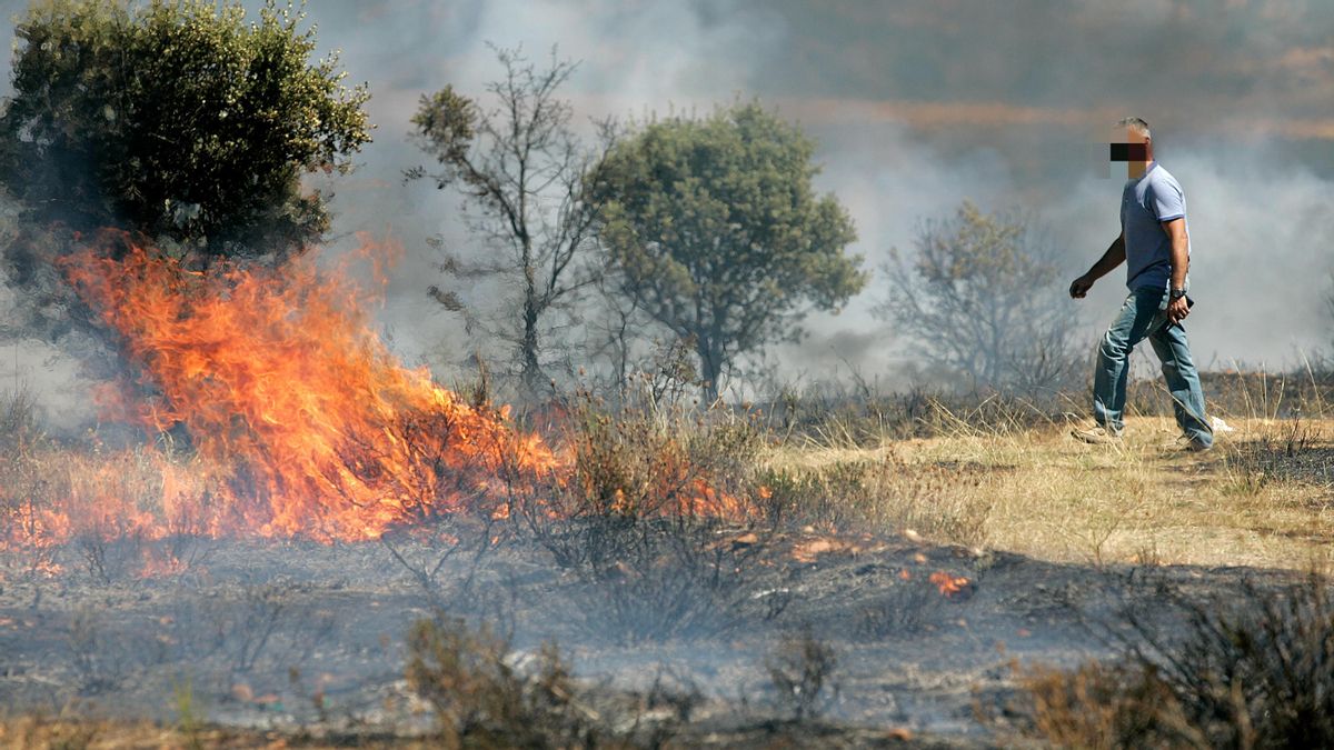 Imagen de archivo de un vecino intentando afrontar las llamas de un incendio cerca de una localdad.