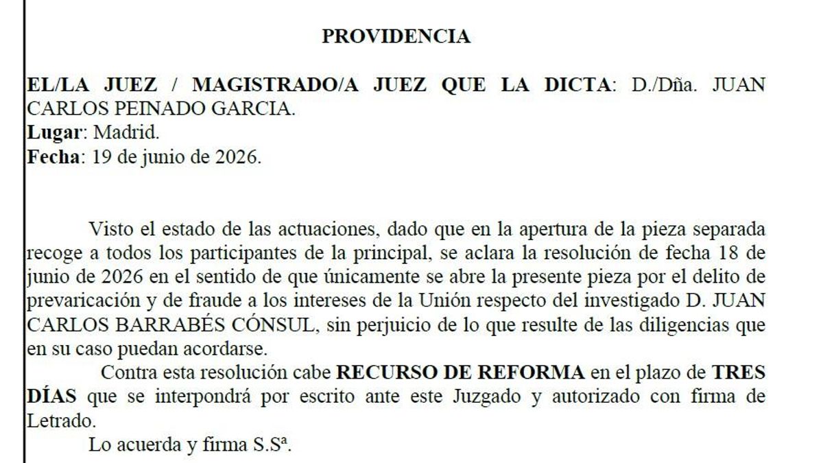 Providencia aclaratoria del juez Peinado