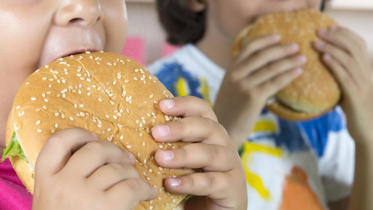 Dos niños comen hamburguesas