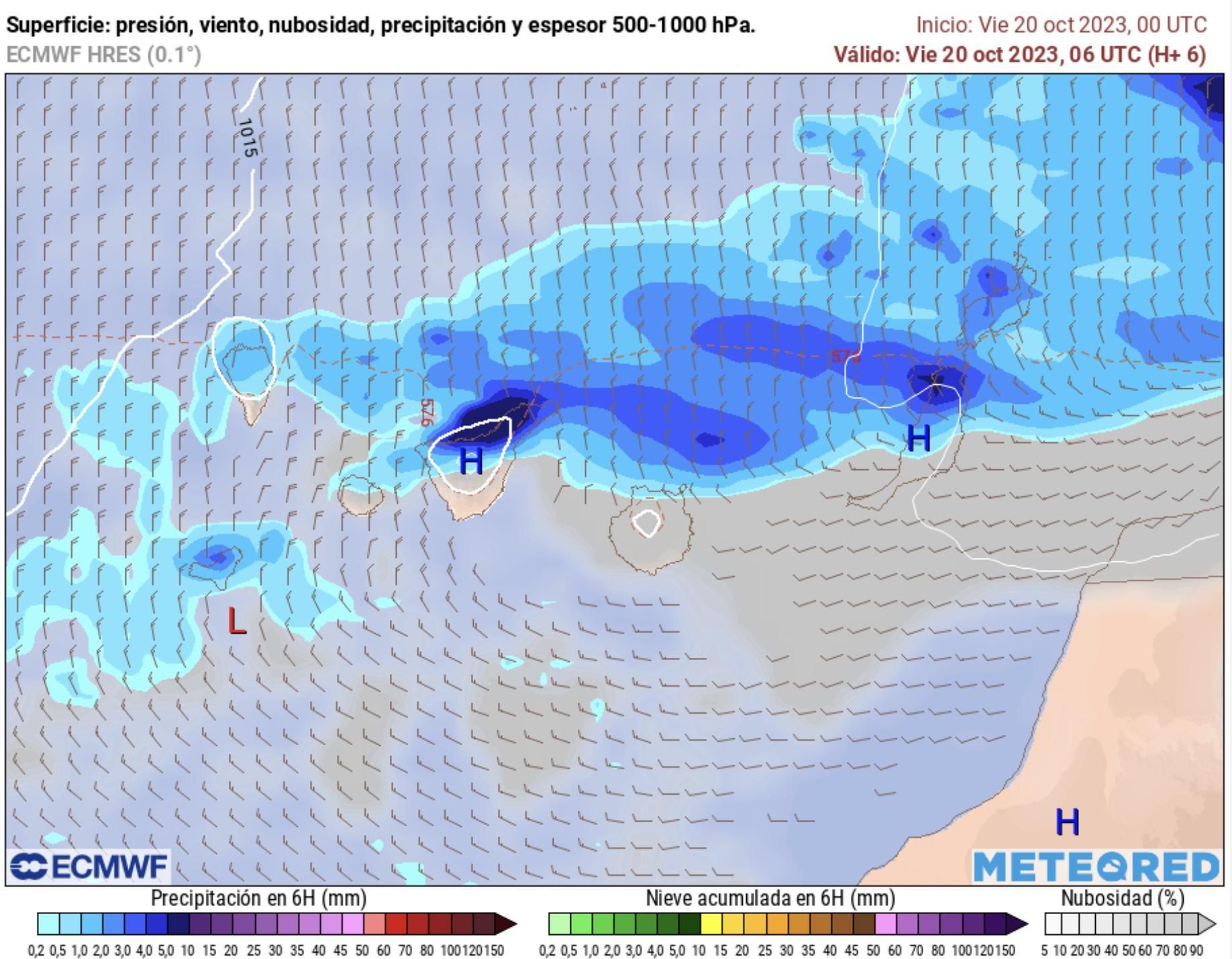 Lluvias previstas este viernes en Canarias, según el modelo europeo