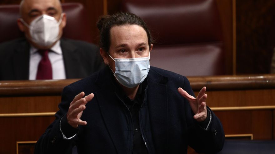 El vicepresidente del Gobierno y ministro de Derechos Sociales y Agenda 2030, Pablo Iglesias, interviene en la primera sesión de control al Gobierno de 2021 celebrada en el Congreso de los Diputados, en Madrid, (España), a 3 de febrero de 2021.