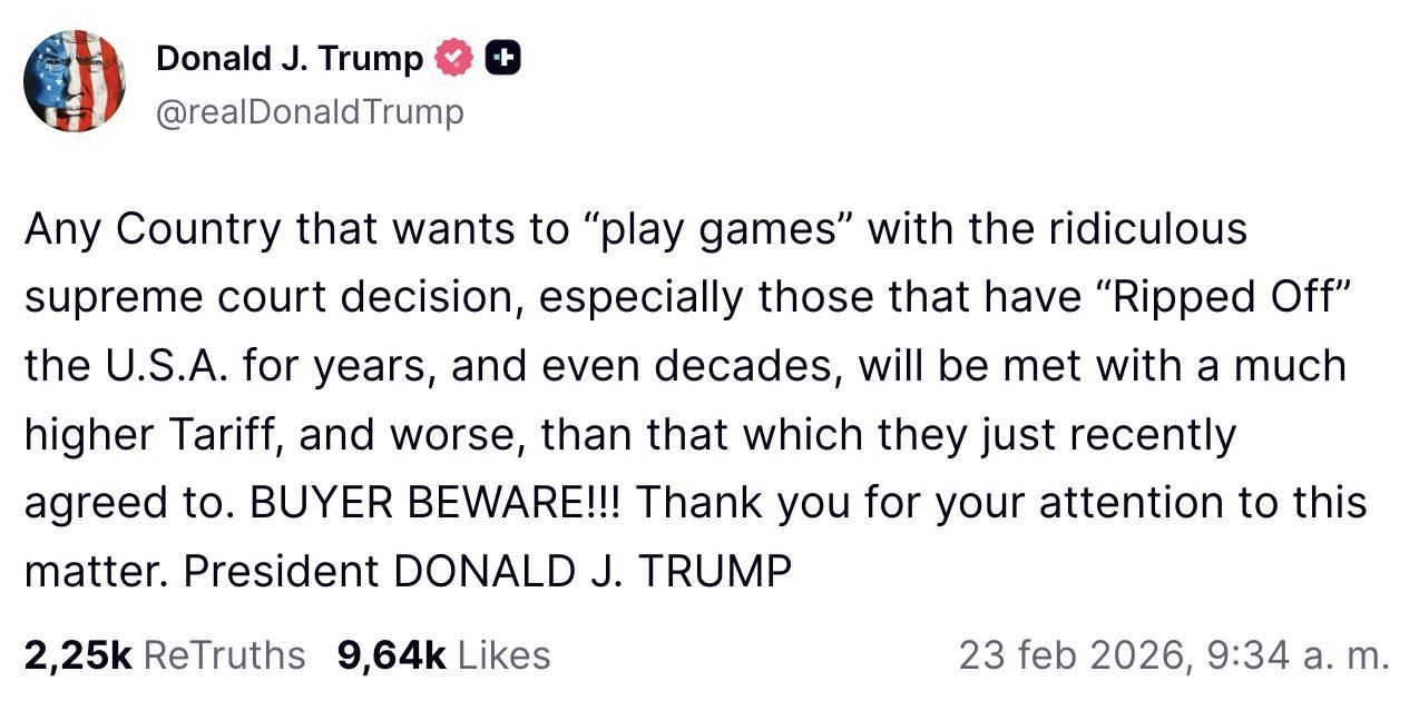 Truth Social de Trump amenazando con más aranceles.