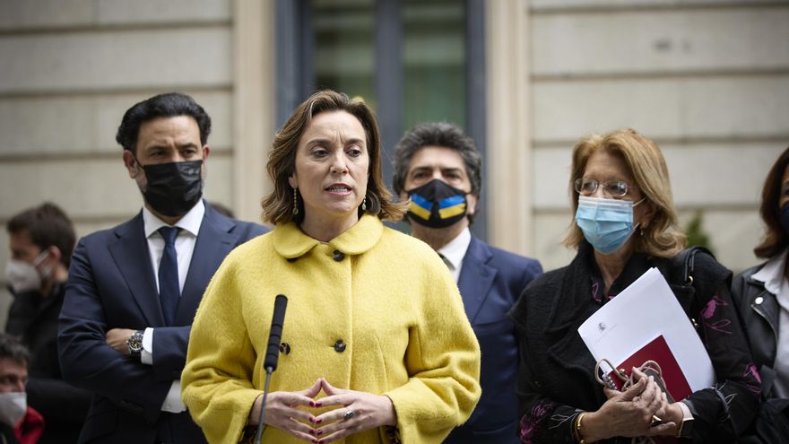 La portavoz del Grupo Popular en el Congreso y coordinadora general del PP, Cuca Gamarra, interviene en una rueda de prensa al mismo tiempo que se celebra una sesión plenaria, en el Congreso de los Diputados, a 16 de marzo de 2022, en Madrid (España). El pleno está marcado, entre otros asuntos, por las preguntas de la oposición al Gobierno central sobre su gestión ante el agravamiento de la crisis económica leer más como consecuencia del conflicto bélico de Ucrania. La sesión se celebra con la crisis interna del PP y los recientes cambios en el hemiciclo como telón de fondo.
