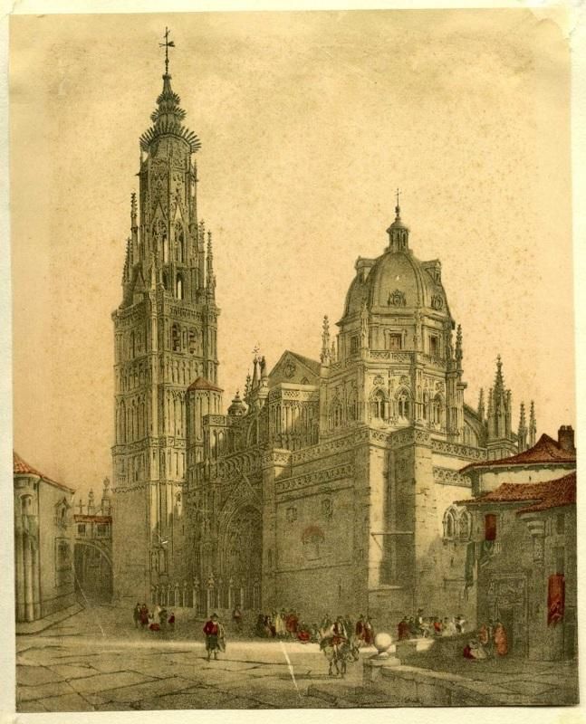 Grabado de la fachada oeste de la Catedral, obra del pintor Auguste Mathieu, publicada en 1850.