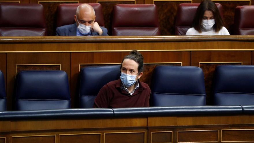 El vicepresidente segundo del Gobierno, Pablo Iglesias durante el debate del proyecto de presupuestos generales del Estado para 2021 en el Congreso este miércoles. EFE/Ballesteros