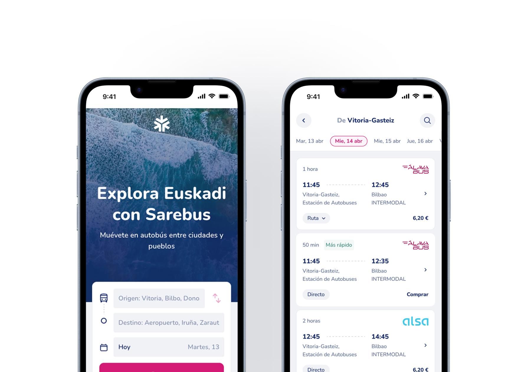 Sarebus, en el móvil, con diferentes opciones para viajar de Vitoria a Bilbao
