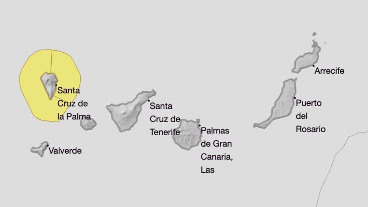 Mapa de la Aemet del aviso amarillo por fenómenos costeros en La Palma este jueves.