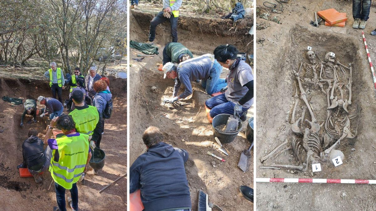 Tres imágenes del proceso de exhumación en el camino de Alcubilla de las Peñas, en Adrada (Soria).