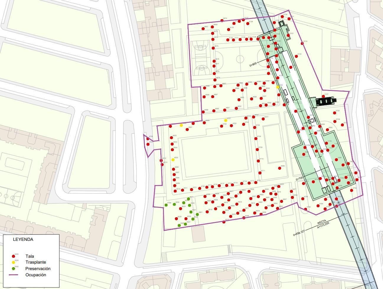 Actualización del proyecto, después de la declaración de impacto ambiental, con talas (rojo), trasplantes (amarillo) y preservación (verde) de los árboles del parque de Comillas para edificar la estación homónima en las obras de la línea 11.