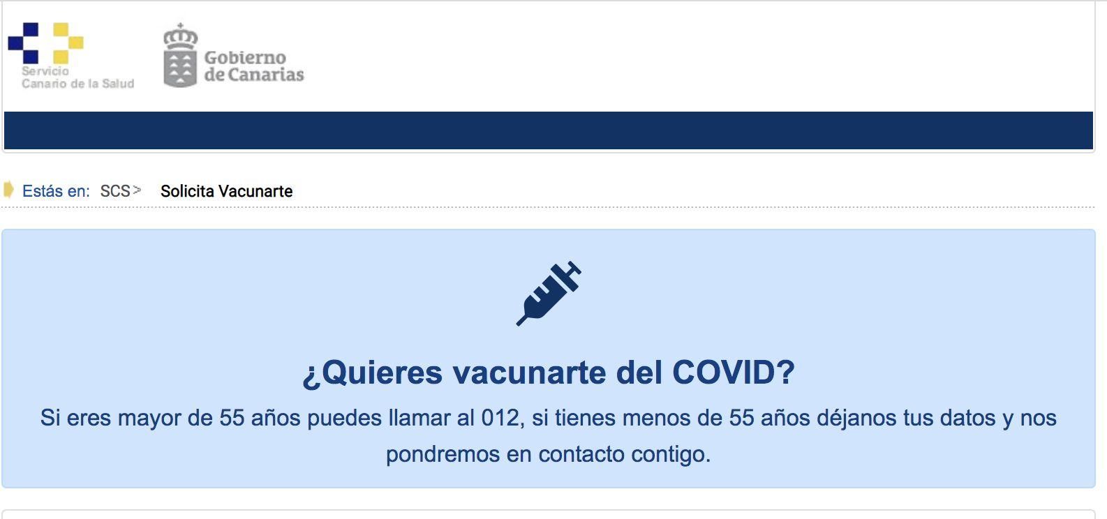 web (www.canariassevacuna.com) puesto en marcha este lunes por la Consejería de Sanidad del Gobierno de Canarias para solicitar cita para recibir la vacuna contra la COVID-19.