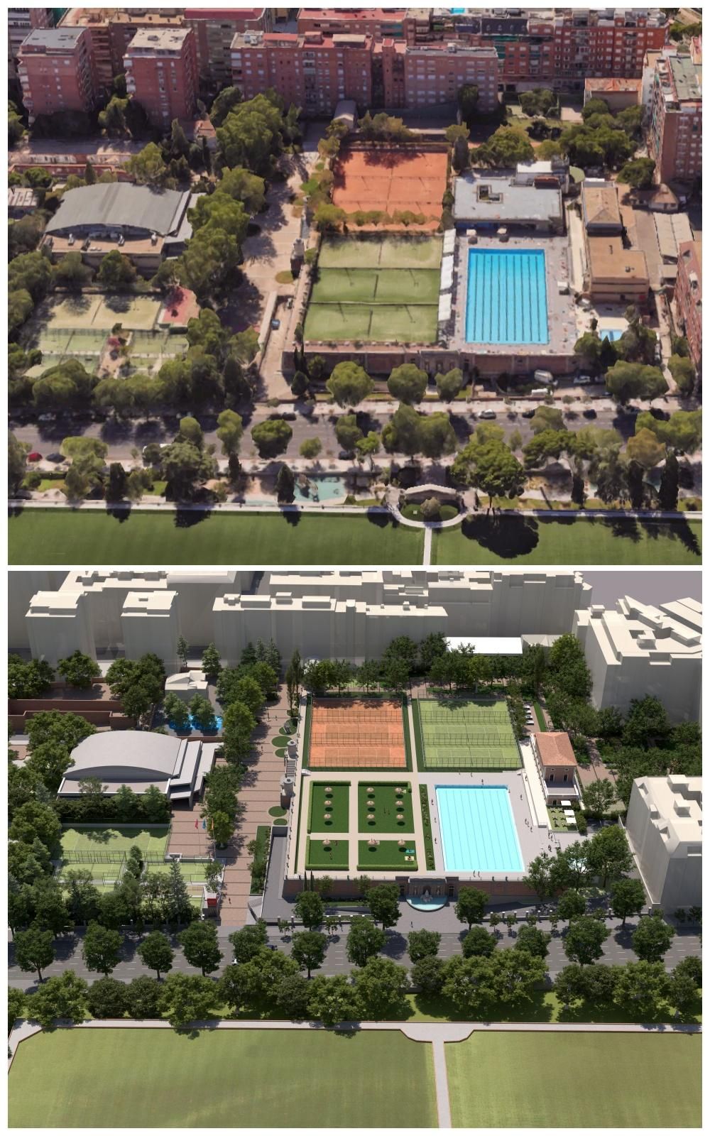 Estado actual de las instalaciones deportivas del Canal de Isabel II (arriba) y proyecto de la Comunidad (abajo)