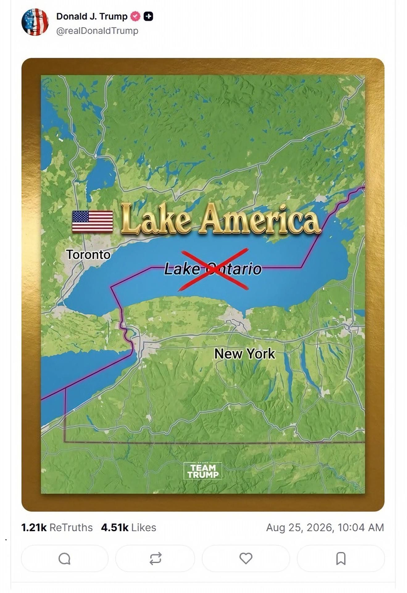 Captura de pantalla tomada de la cuenta oficial @realDonaldTrump de la red social Truth Social del presidente de los Estados Unidos, Donal Trump, que muestra un mapa con el nombre del 'Lago Ontario' tachado en rojo y cambiado por el de 'Lago América'. EFE/@realDonaldTrump
