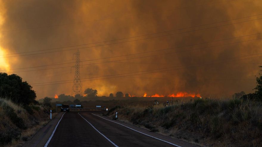 Llamas y humo procedentes de un incendio forestal, a 29 de julio de 2026, en Fermoselle, Zamora, Castilla y León (España).