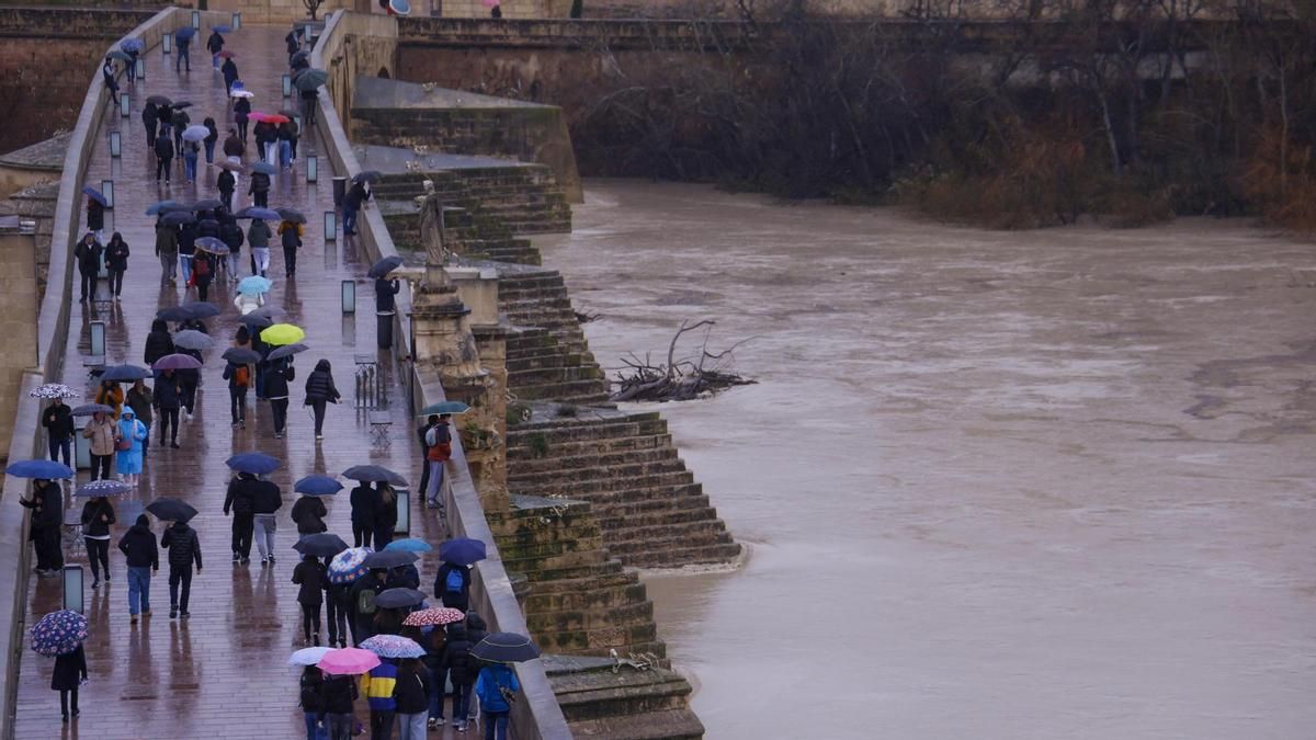 Varias personas cruzan por el puente sobre el río Guadalquivir, en umbral naranja a su paso por Córdoba