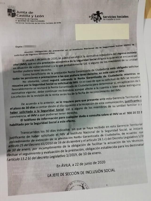 Carta remitida por la Gerencia de Servicios Sociales de la Junta de Castilla y León a los perceptores de la Renta Garantizada de Ciudadanía.