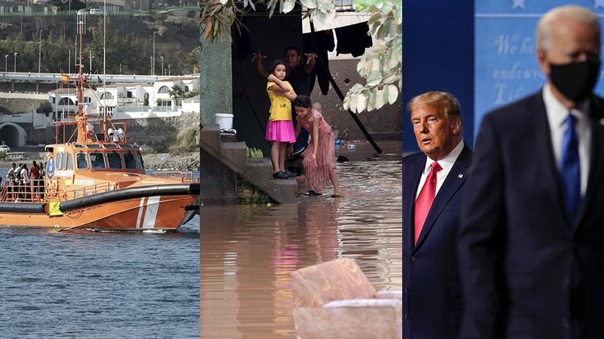 Embarcanción de salvamento marítimo, una familia vuelve a casa entre las inundaciones que ha causado el huracán Iota y Trump y Biden