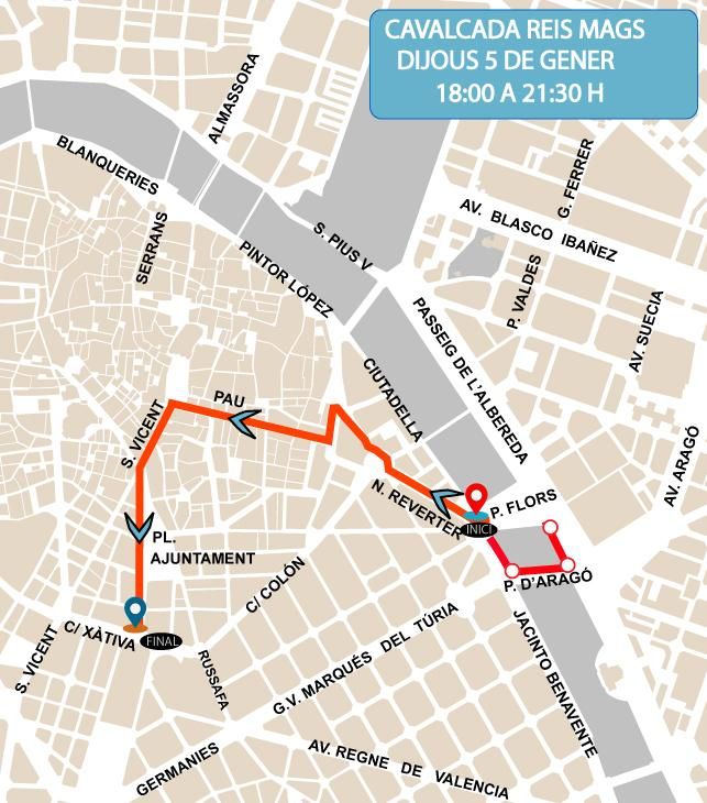 Recorrido de la cabalgata de Reyes de este jueves 5 de enero.