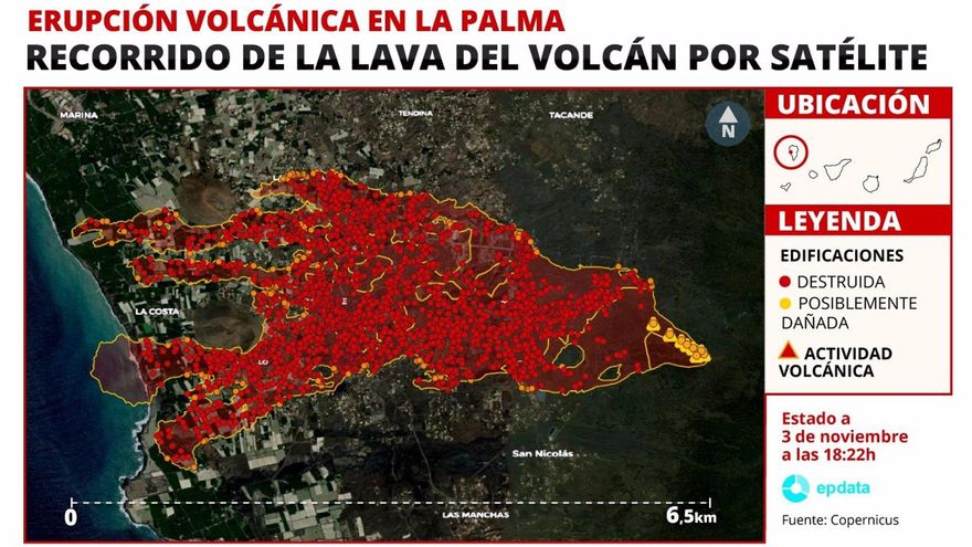 MAPA | Así están este jueves las coladas de lava del volcán de La Palma, que fluyen muy lentamente hacia la costa