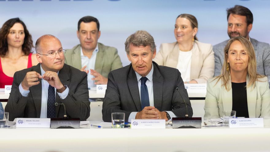 El presidente del PP, Alberto Núñez Fiejóo, acompañado por el secretario general del PP, Miguel Tellado, preside la reunión de la Junta Nacional del Partido Popular, a 15 de septiembre de 2025, en Madrid (España).