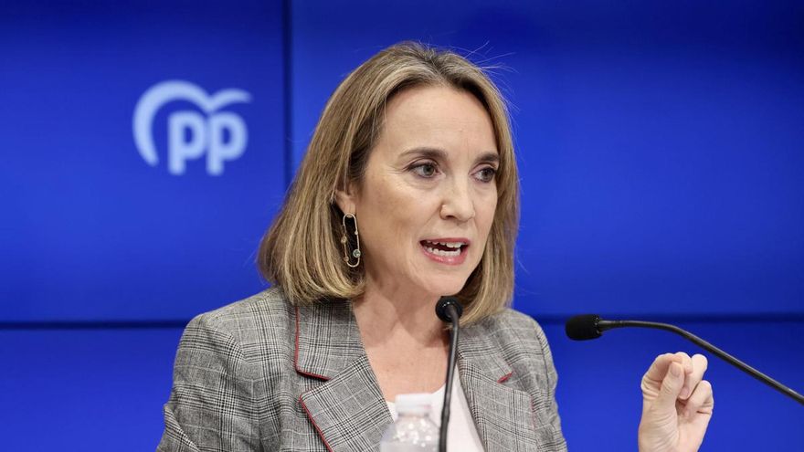 La vicesecretaria de Regeneración Institucional del PP, Cuca Gamarra, hace una declaración a los medios de comunicación este domingo en Logroño.
