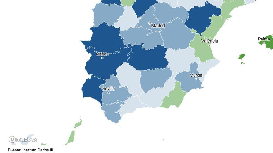 Mapa de la variación del número de casos en las últimas dos semanas en las provincias españolas