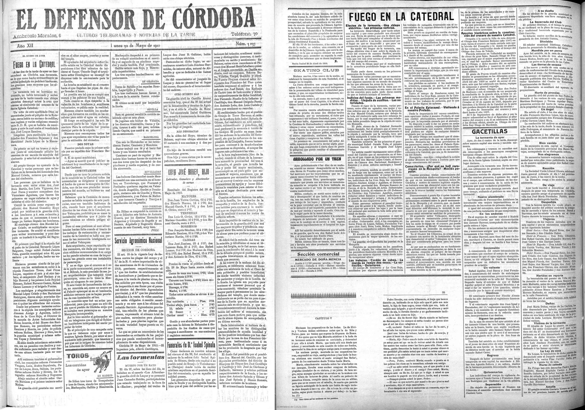 El 'Defensor de Córdoba' y 'Diario de Córdoba' publicaron en mayo de 1910 sus crónicas sobre el incendio de la Mezquita