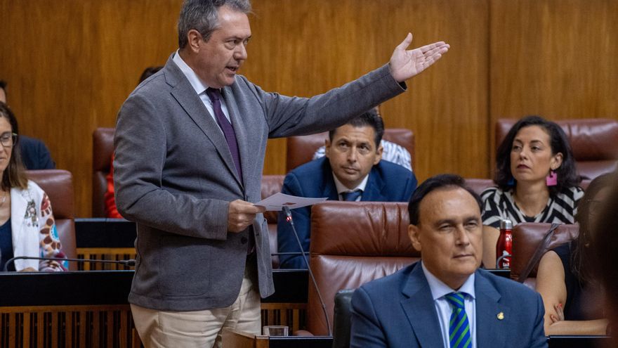 El secretario general del PSOE-A, Juan Espadas, interviene en la sesión de control del Parlamento.