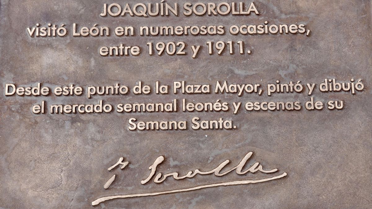 Placa en el lugar desde el que Joaquín Sorolla pintó en alguno de sus viajes a León.