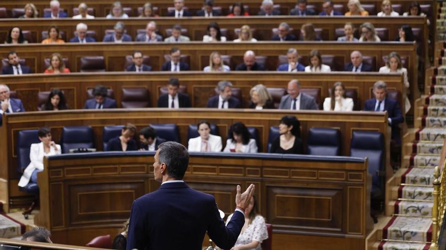 El presidente del Gobierno, Pedro Sánchez, durante su intervención en el pleno del Congreso.