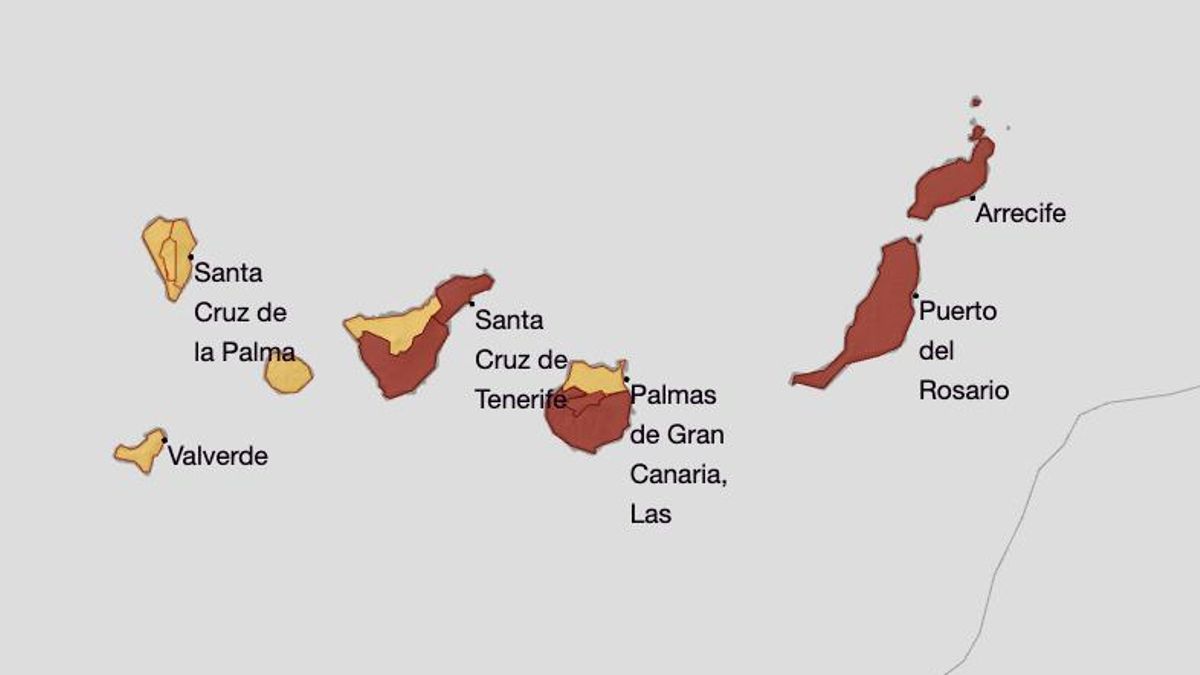 Mapa de la Aemet de los  avisos  por temperaturas máximas para este domingo, 10 de agosto.
