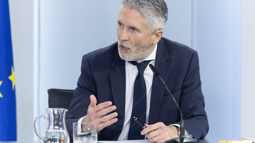 El ministro del Interior, Fernando Grande-Marlaska, durante una rueda de prensa posterior a la reunión del Consejo de Ministros, en el Palacio de La Moncloa, a 1 de abril de 2025, en Madrid (España).