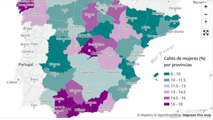 Mapa interactivo de la presencia de calles con nombre de mujer