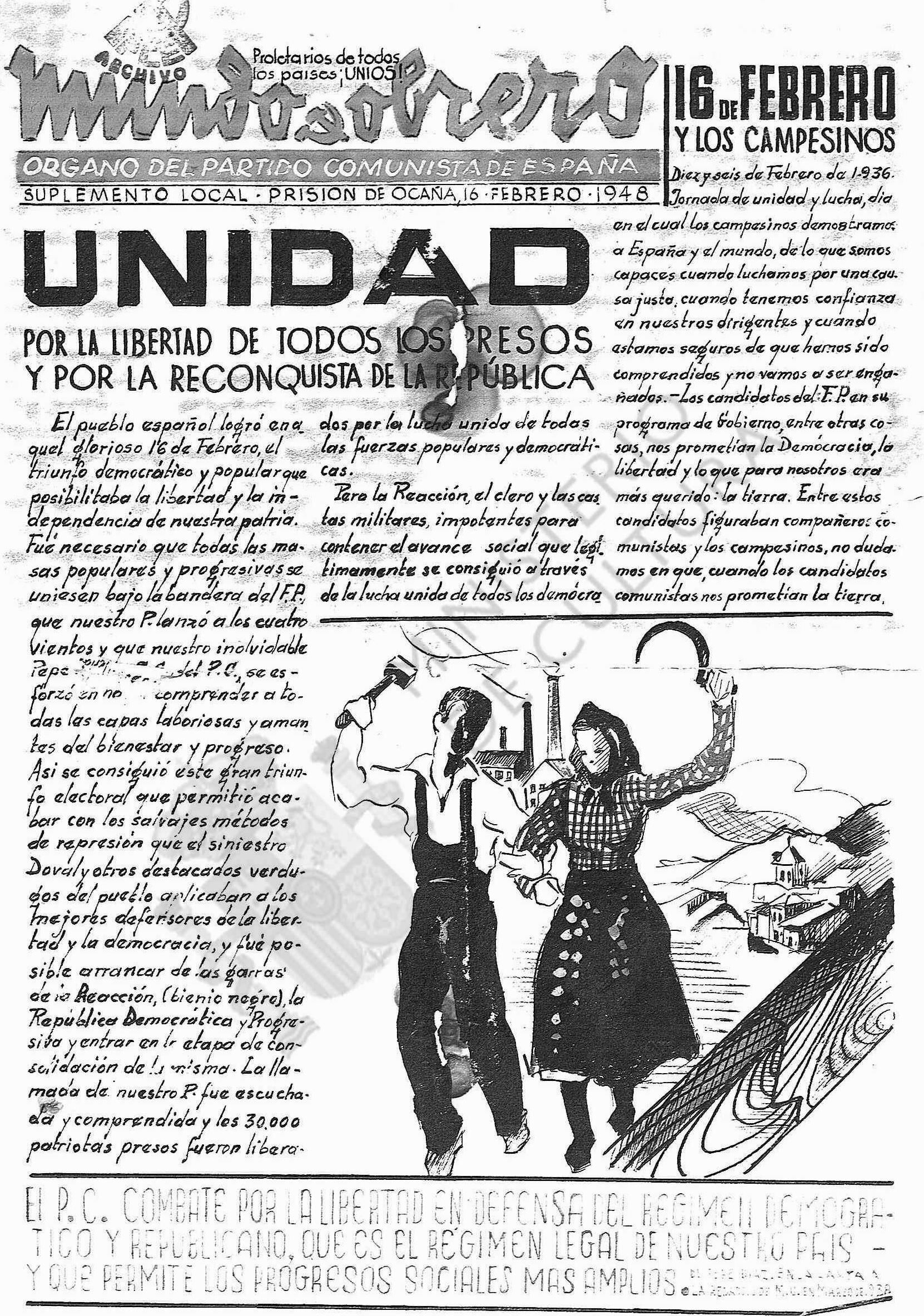 Números de “Mundo Obrero” y “Juventud” editados clandestinamente en Ocaña en los aniversarios del Frente Popular y de las JSU Ibárruri