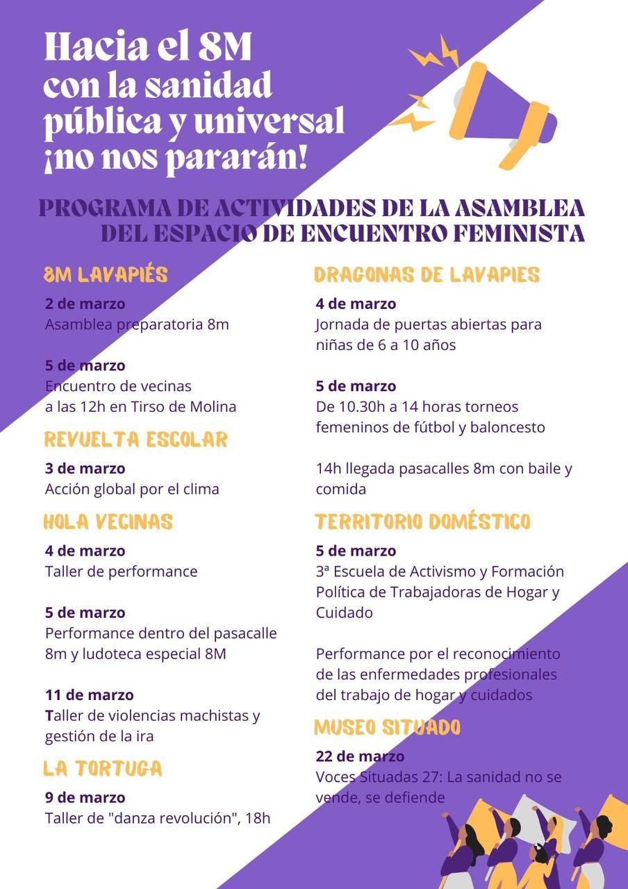Programa de la Asamblea del Espacio de Encuentro Feminista para el 8M 2023 en Lavapiés