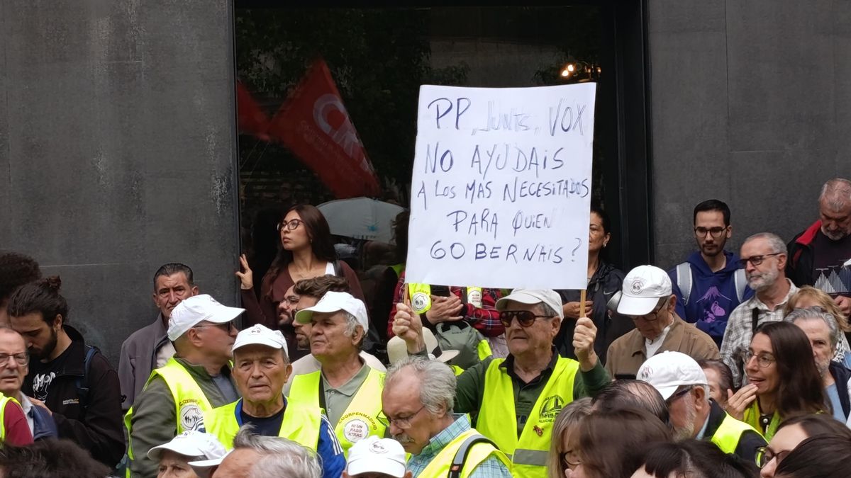 Pancarta en la marcha al congreso con el mensaje "PP, Vox, Junts no ayudáis a los más necesitados. ¿Para quién gobernáis?".