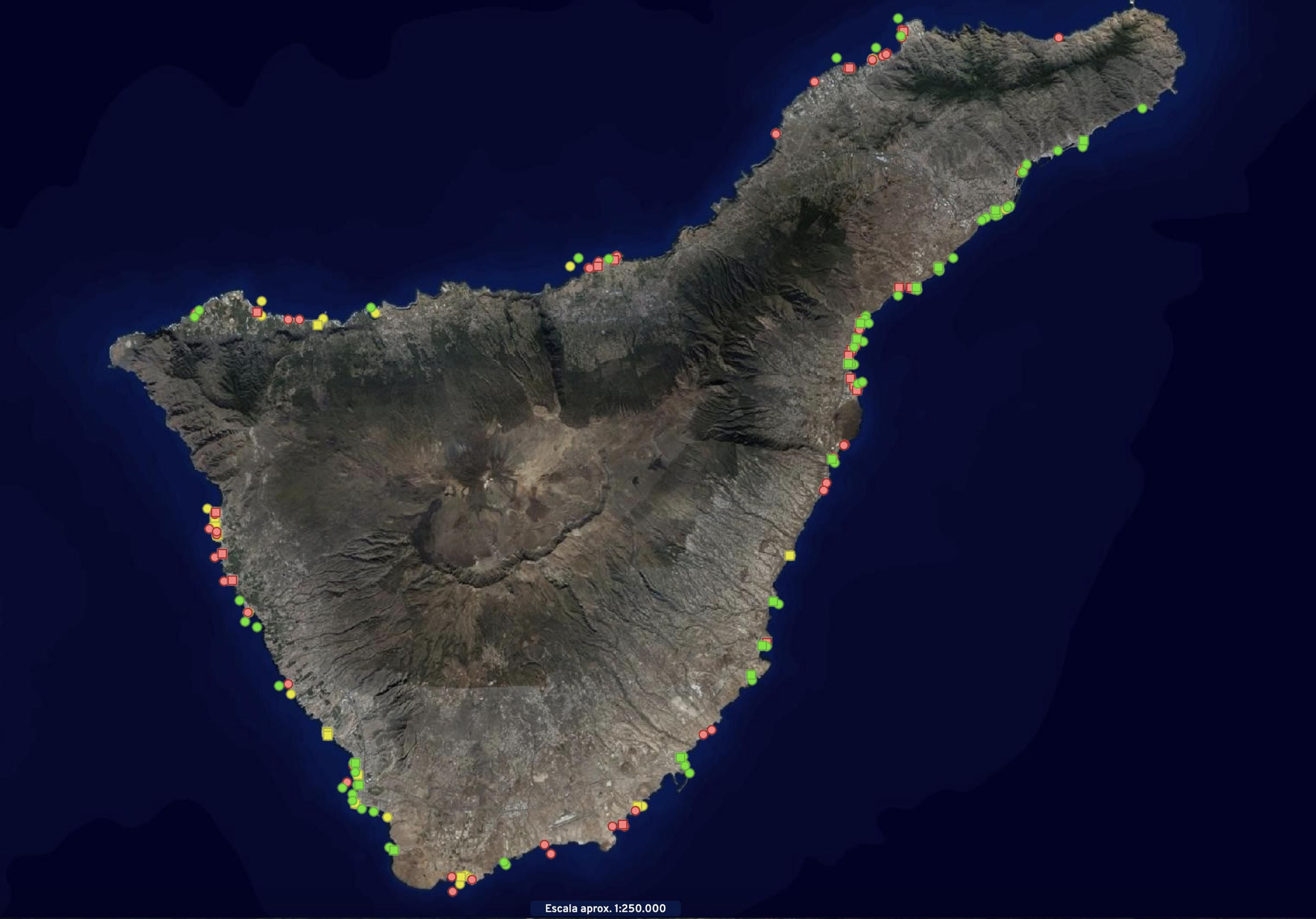 Puntos de vertido en la isla de Tenerife, según Grafcan. En rojo, los no autorizados; en amarillo, los que se encuentran en trámite, y en verde, los autorizados. Son en total 180 puntos.