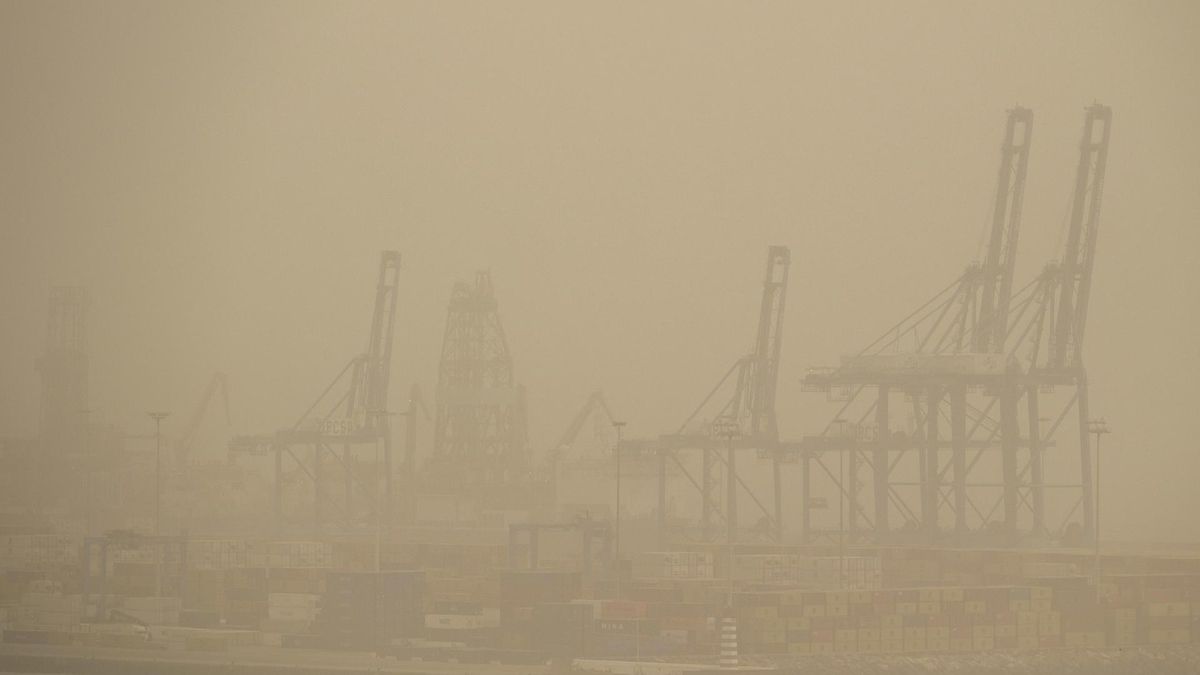 Las grúas de la terminal de contenedores del puerto de Las palmas de Gran Canaria, bajo la intensa calima.