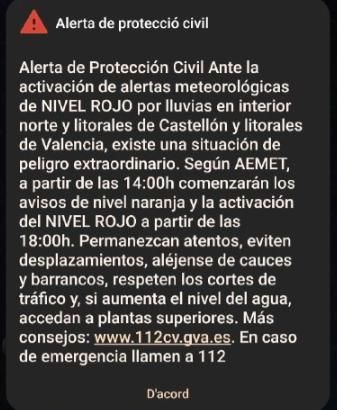 El Es-Alert que ha mandado Emergencias de la Comunitat Valenciana.