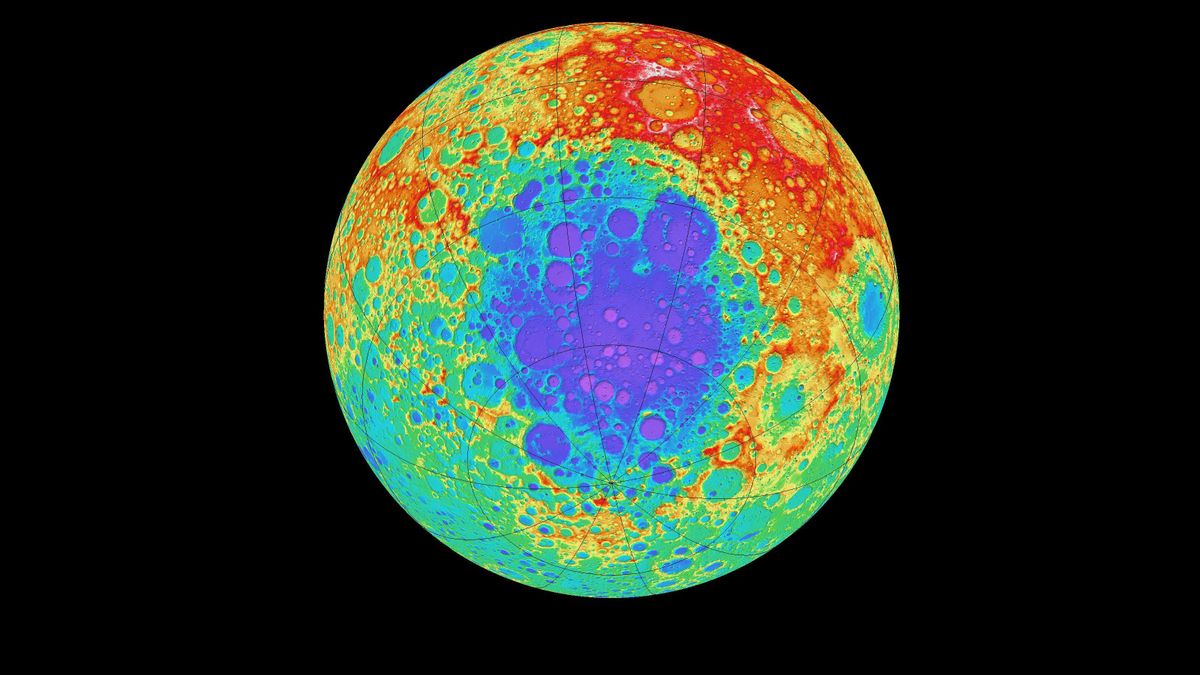 Mapa topográfico de la Luna tomado por la Lunar Reconnaissance Orbiter y centrado en el centro de la cuenca Polo Sur-Aitken.