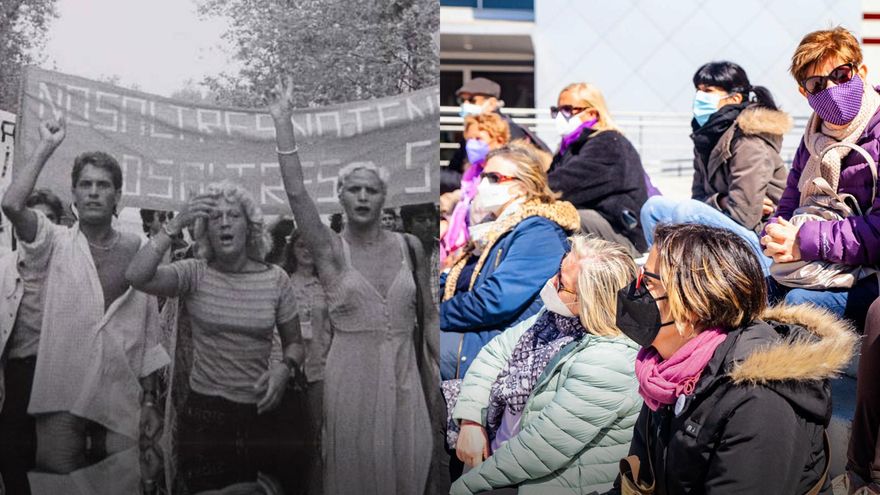 Manifestación LGTBI en 1977 en Barceona / Paseo con las vecinas de Rivas-Vaciamadrid, 2021