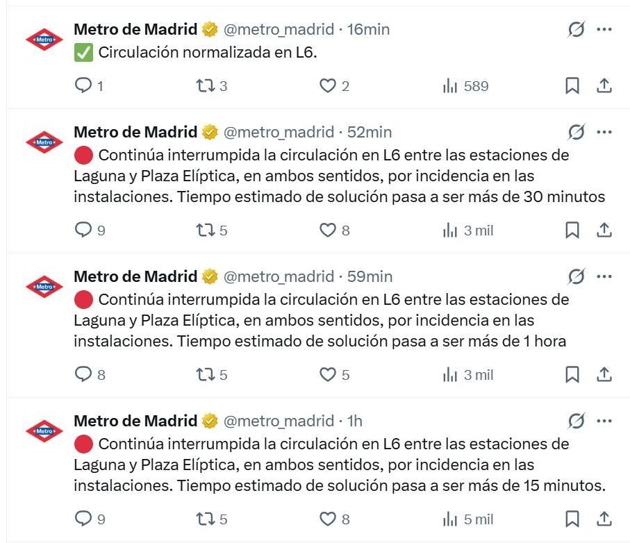 Mensajes de Metro de Madrid sobre la avería en línea 6 de este viernes
