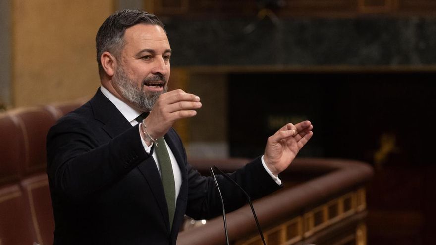 El líder de VOX, Santiago Abascal, interviene durante una sesión plenaria, en el Congreso de los Diputados, a 10 de abril de 2024, en Madrid (España).