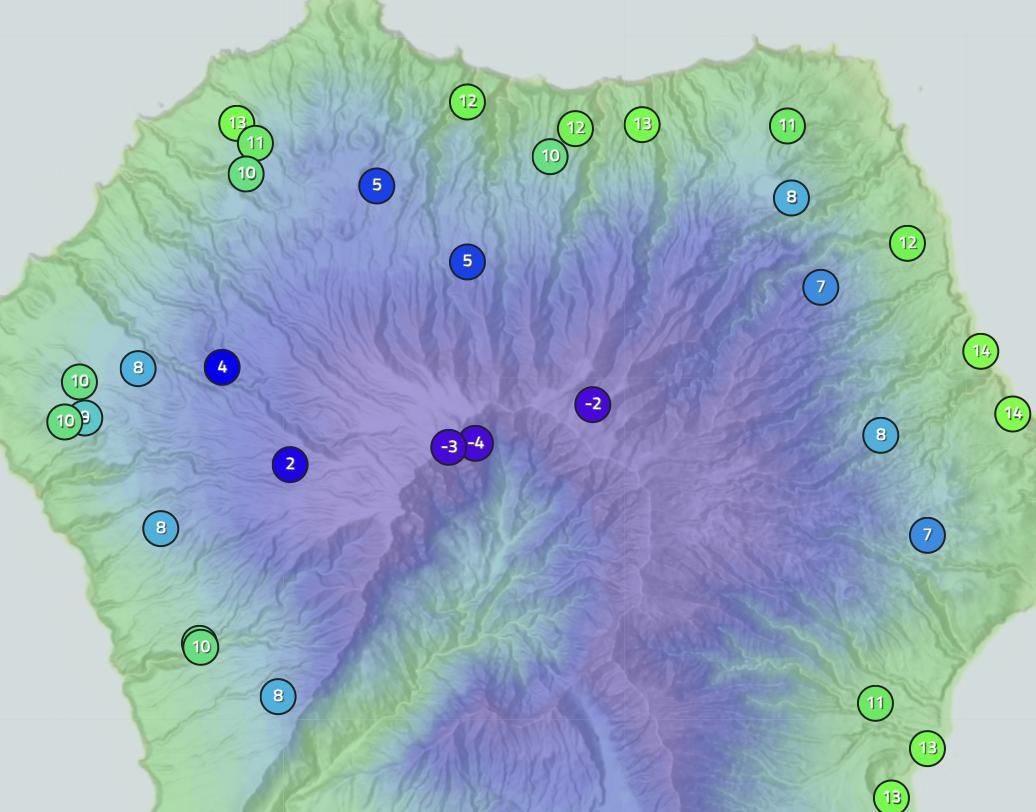 Mapa de Apalmet de la temperatura que se registraba este martes, 3 de marzo, a las 7.45 horas, en diversos puntos de La Palma.