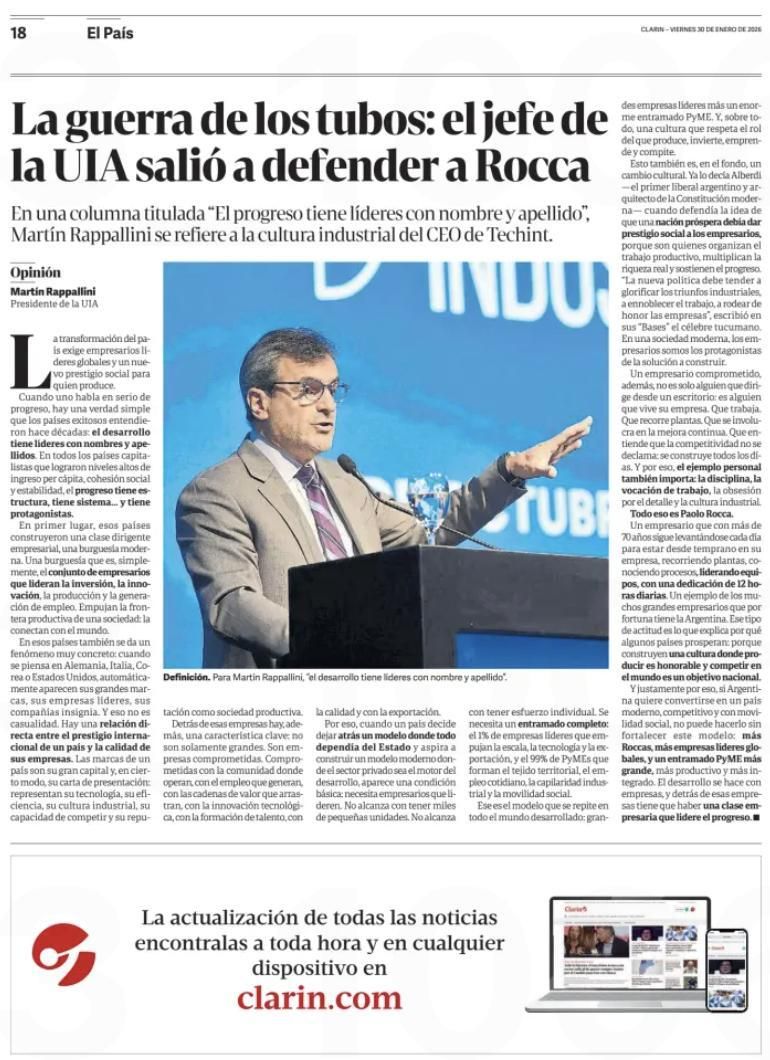 La nota en Clarín que firmó el titular de la UIA.